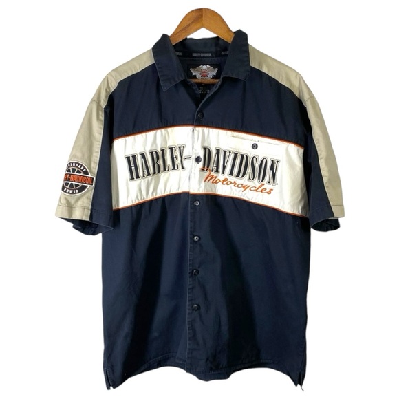 Harley-Davidson Other - HARLEY DAVIDSON Black Tan Short Sleeve Button Front Cotton Mechanic Shirt sz XL